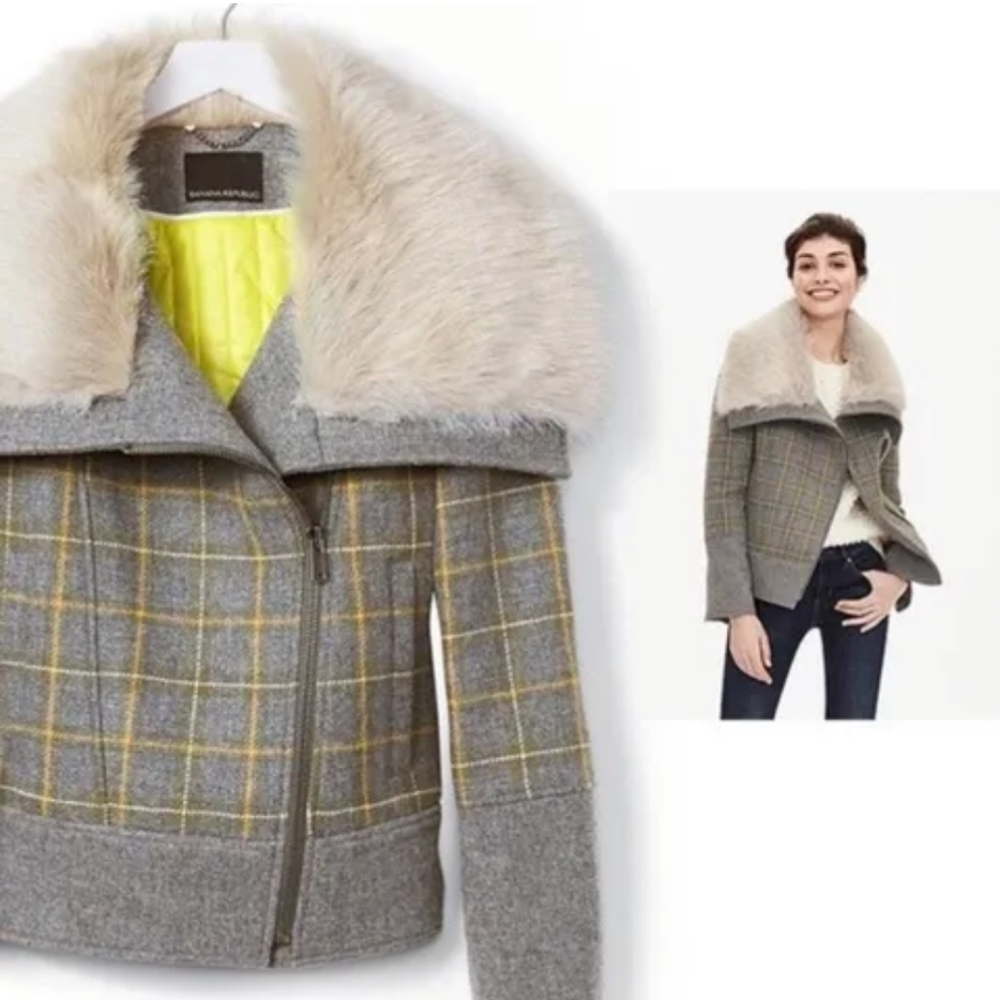 NWT! Banana Republic Crop plaid Wool Jacket Faux Fur, RV $298!